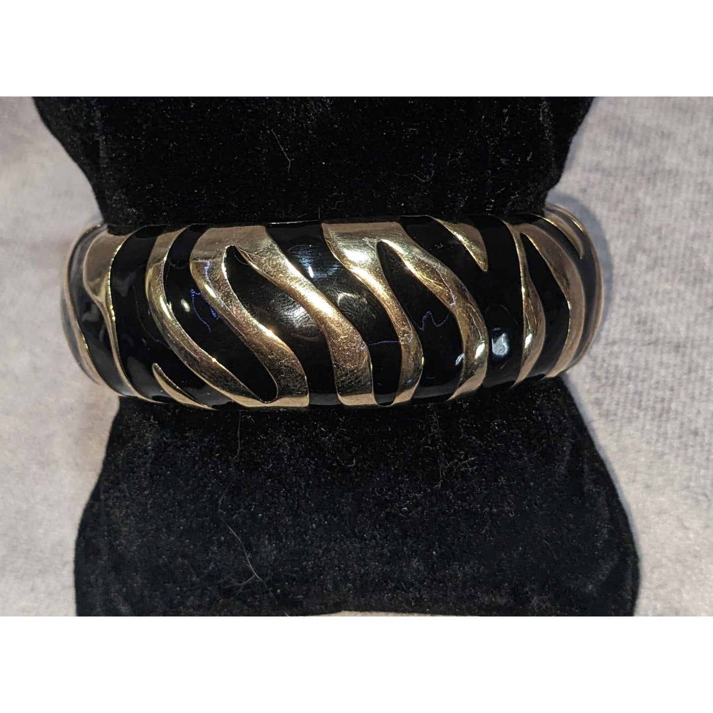 Vintage Glam Animal Print Black Enamel Gold Tone Zebra Clamper Bracelet