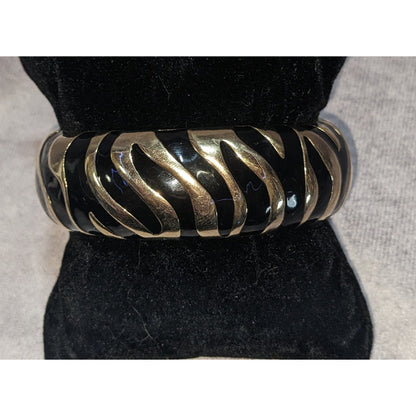 Vintage Glam Animal Print Black Enamel Gold Tone Zebra Clamper Bracelet