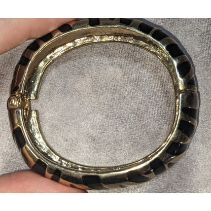 Vintage Glam Animal Print Black Enamel Gold Tone Zebra Clamper Bracelet