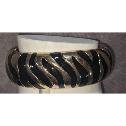 Vintage Glam Animal Print Black Enamel Gold Tone Zebra Clamper Bracelet