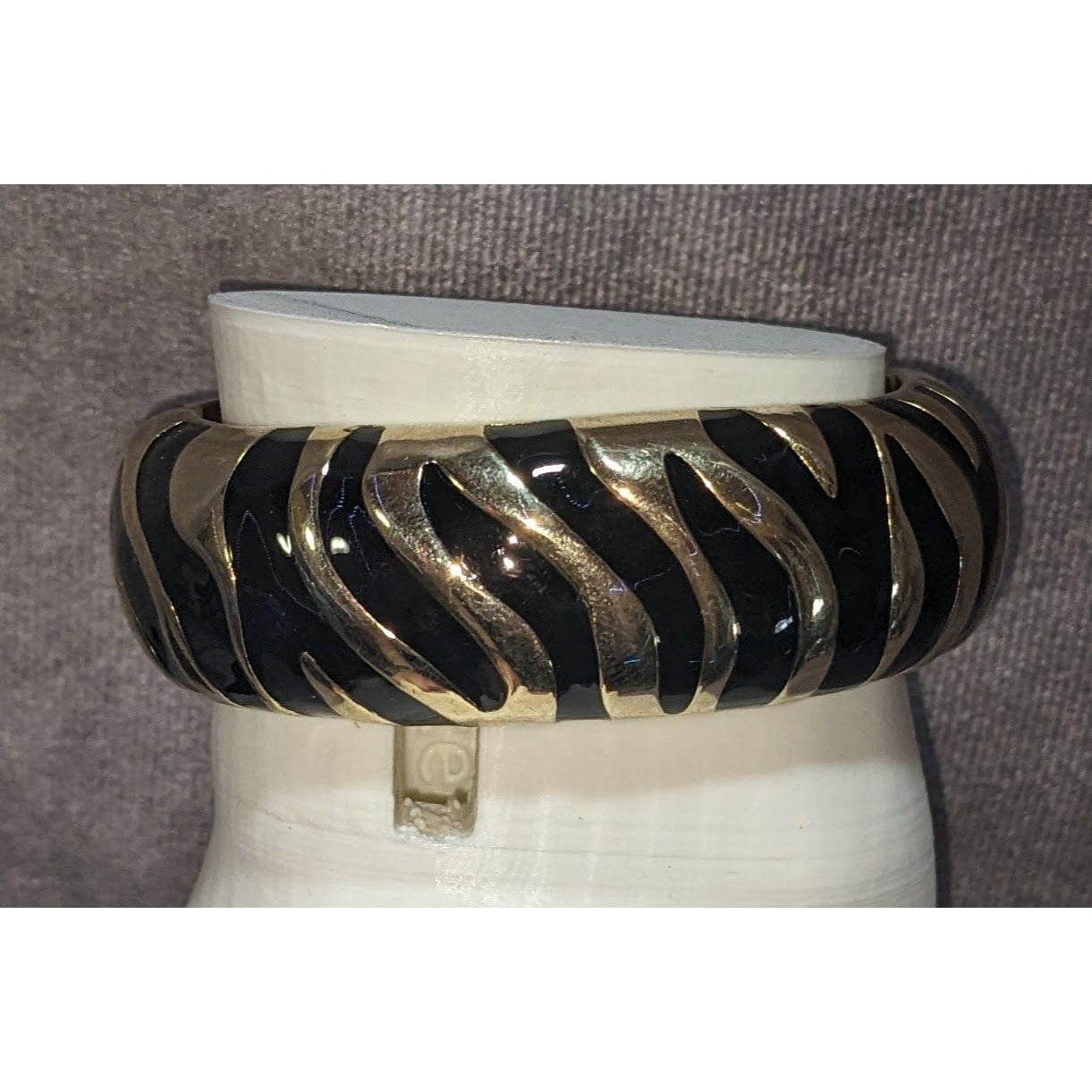 Vintage Glam Animal Print Black Enamel Gold Tone Zebra Clamper Bracelet
