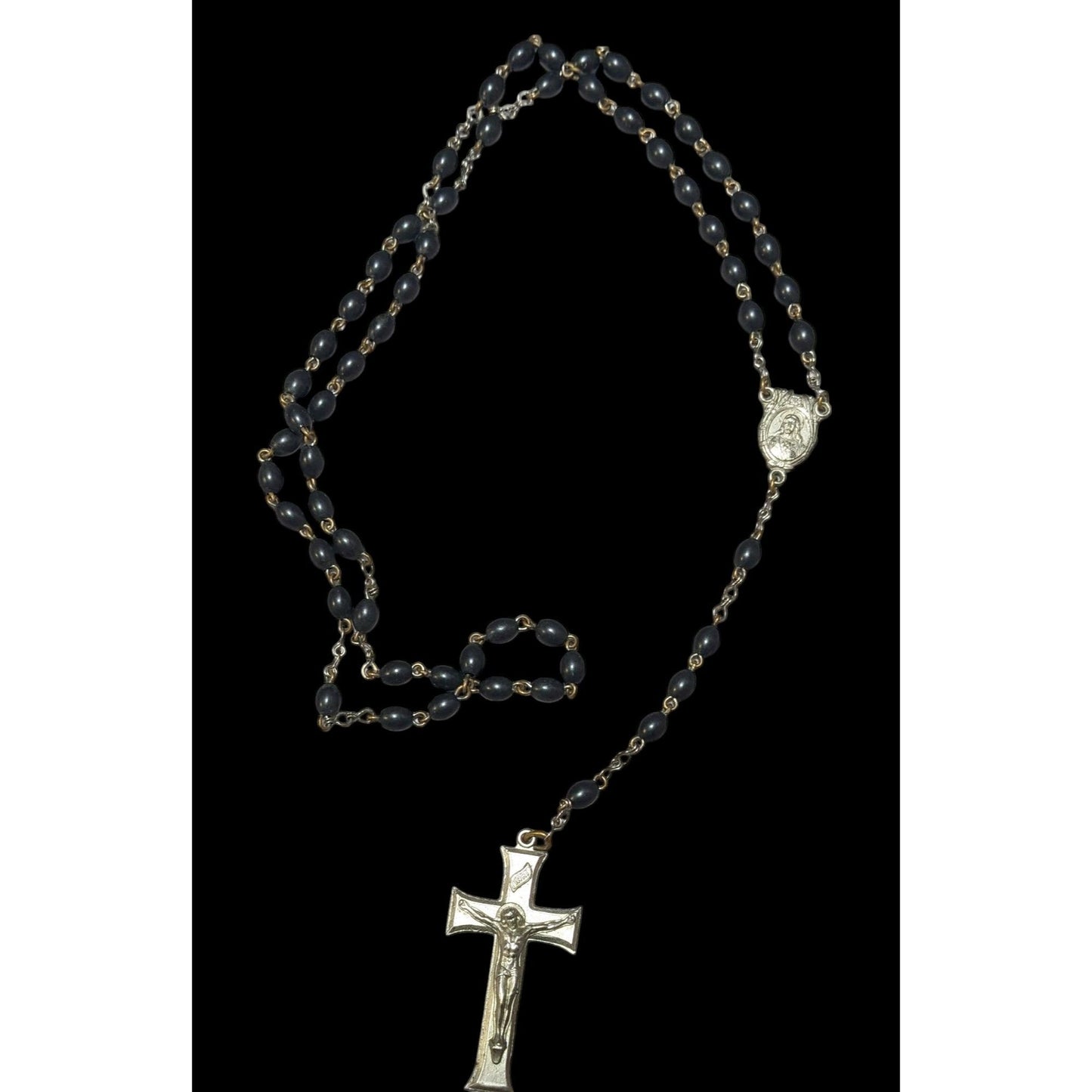 Vintage Silver Tone And Black Beaded Rosary Necklace