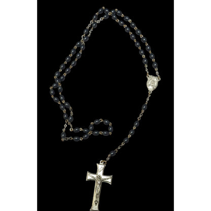 Vintage Silver Tone And Black Beaded Rosary Necklace