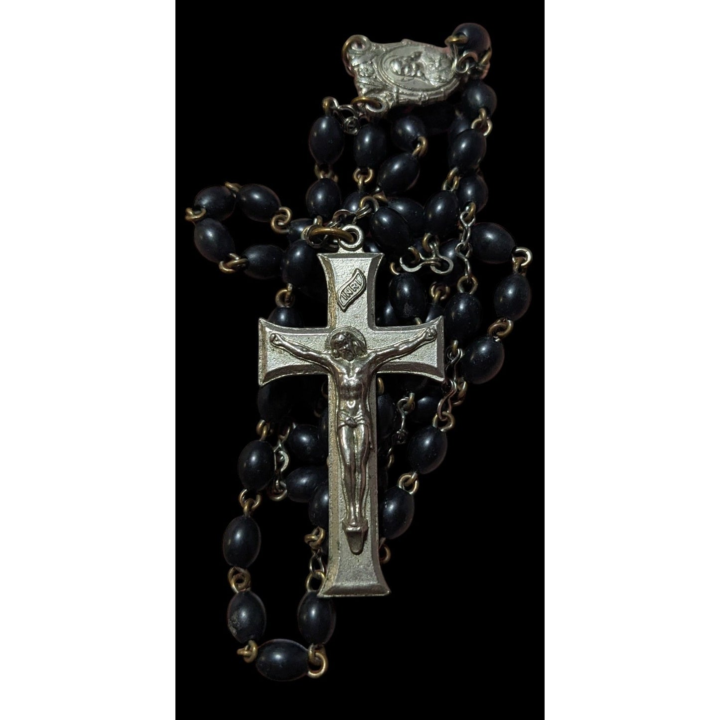 Vintage Silver Tone And Black Beaded Rosary Necklace