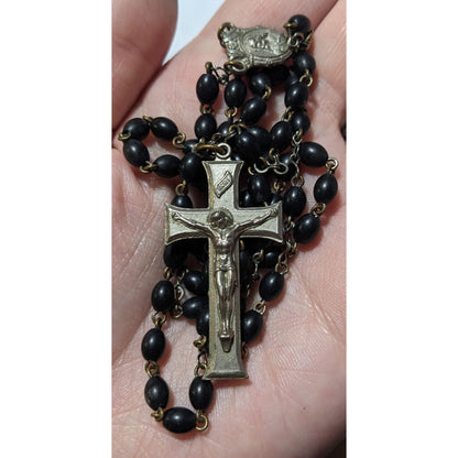 Vintage Silver Tone And Black Beaded Rosary Necklace