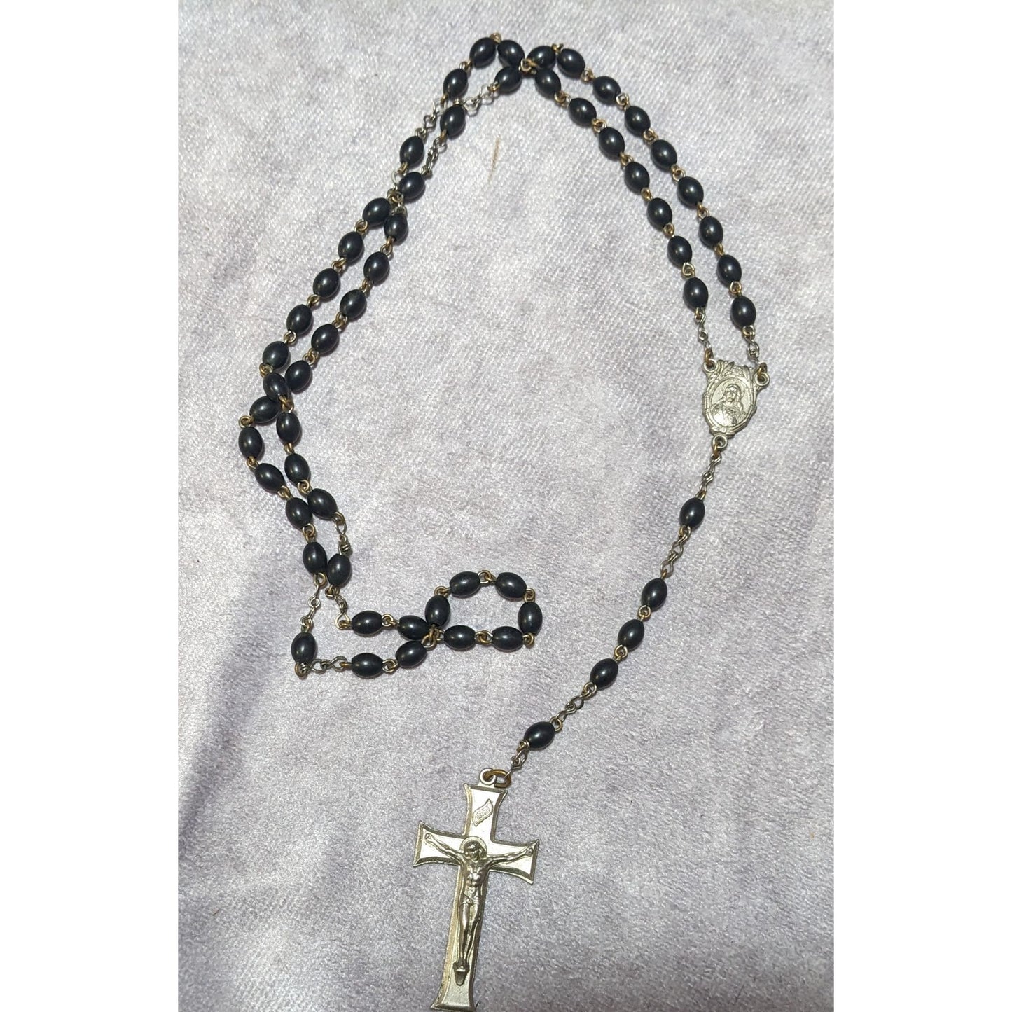 Vintage Silver Tone And Black Beaded Rosary Necklace