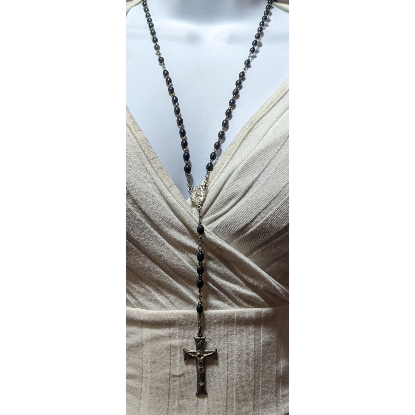 Vintage Silver Tone And Black Beaded Rosary Necklace