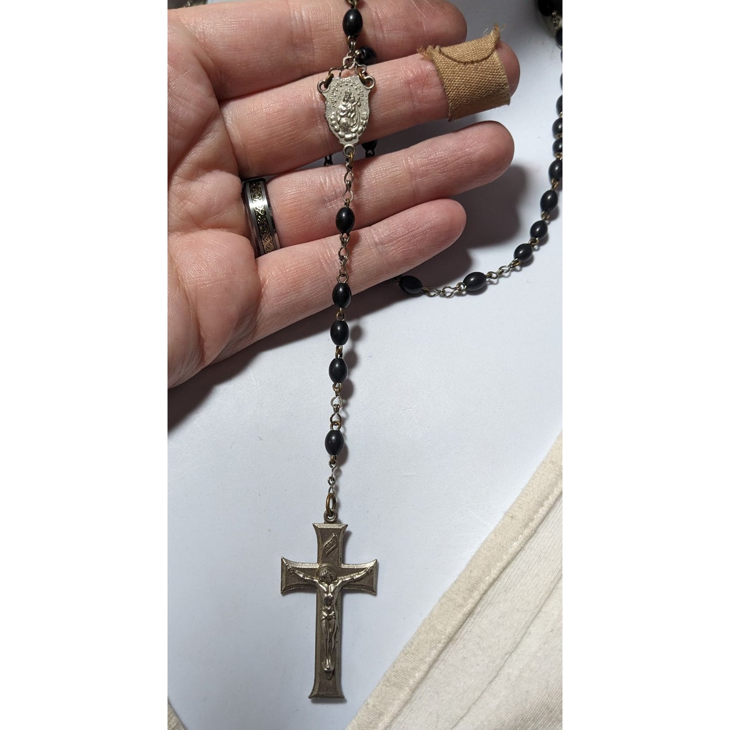 Vintage Silver Tone And Black Beaded Rosary Necklace