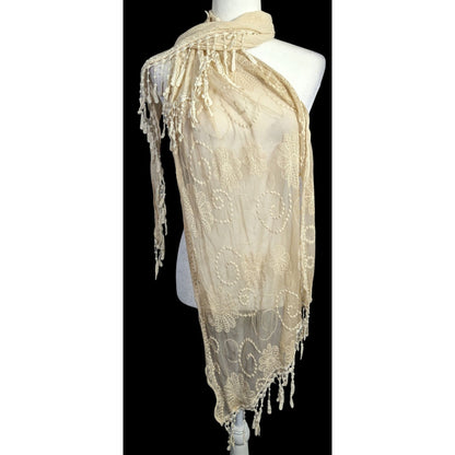 Vintage Victorian Style Crochet Lace Asymmetrical Scarf Wrap With Fringe Cream Beige