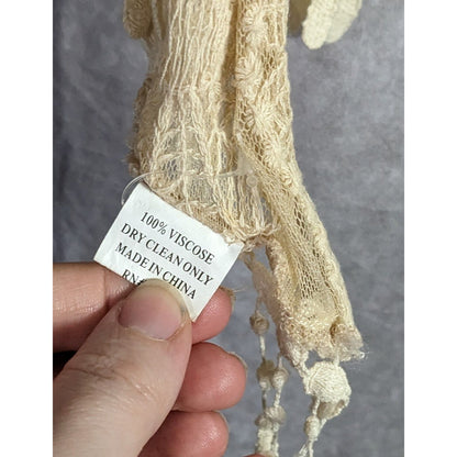 Vintage Victorian Style Crochet Lace Asymmetrical Scarf Wrap With Fringe Cream Beige