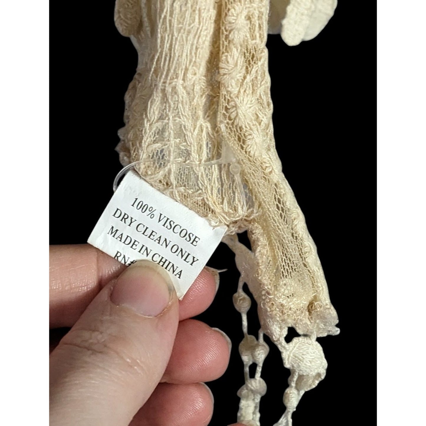 Vintage Victorian Style Crochet Lace Asymmetrical Scarf Wrap With Fringe Cream Beige