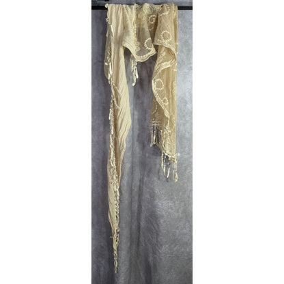 Vintage Victorian Style Crochet Lace Asymmetrical Scarf Wrap With Fringe Cream Beige