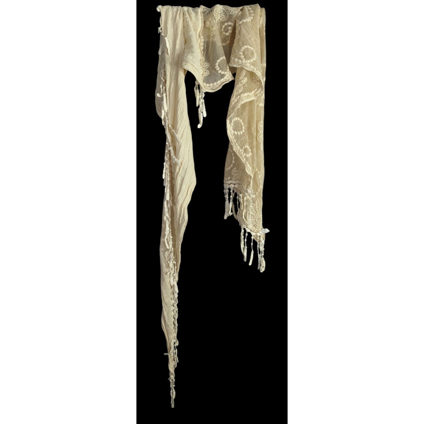 Vintage Victorian Style Crochet Lace Asymmetrical Scarf Wrap With Fringe Cream Beige