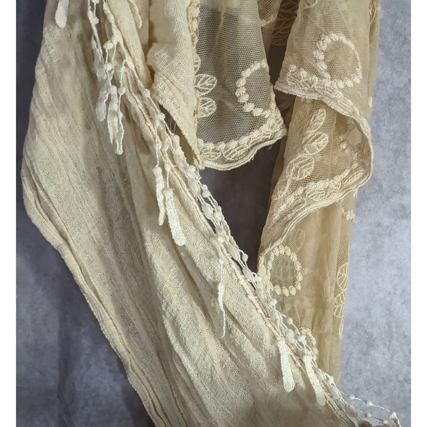 Vintage Victorian Style Crochet Lace Asymmetrical Scarf Wrap With Fringe Cream Beige