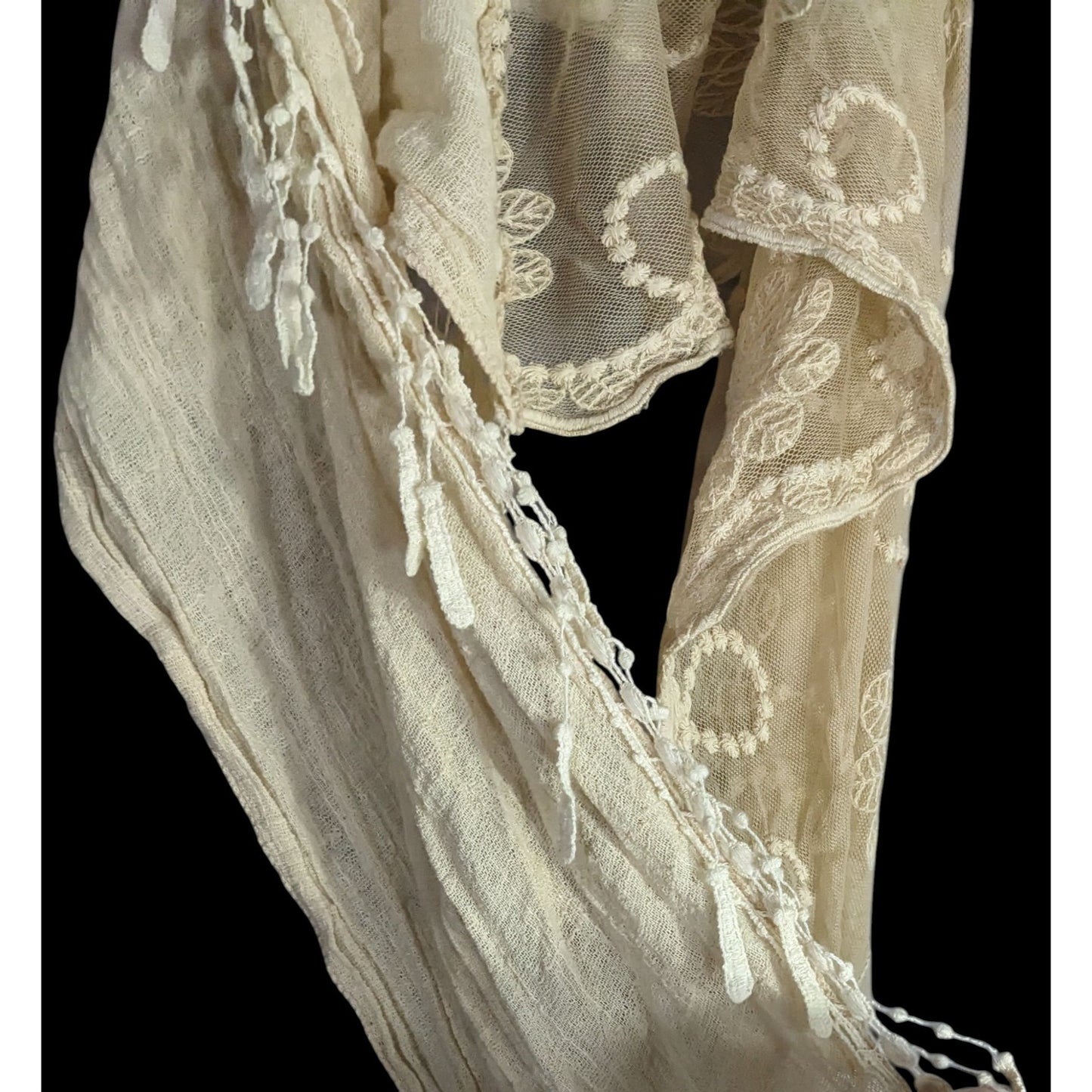 Vintage Victorian Style Crochet Lace Asymmetrical Scarf Wrap With Fringe Cream Beige