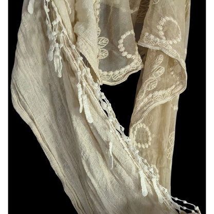 Vintage Victorian Style Crochet Lace Asymmetrical Scarf Wrap With Fringe Cream Beige