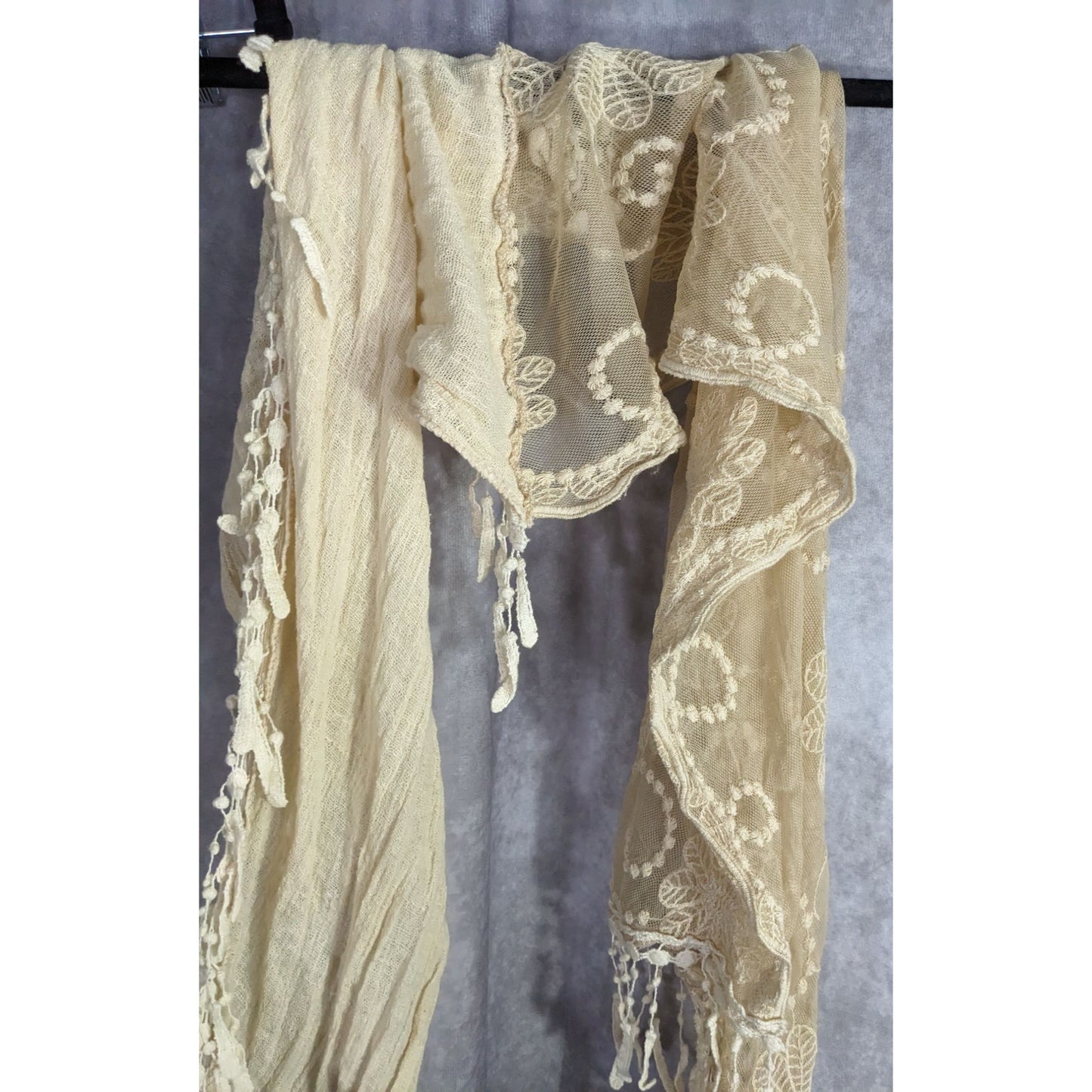 Vintage Victorian Style Crochet Lace Asymmetrical Scarf Wrap With Fringe Cream Beige