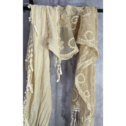 Vintage Victorian Style Crochet Lace Asymmetrical Scarf Wrap With Fringe Cream Beige
