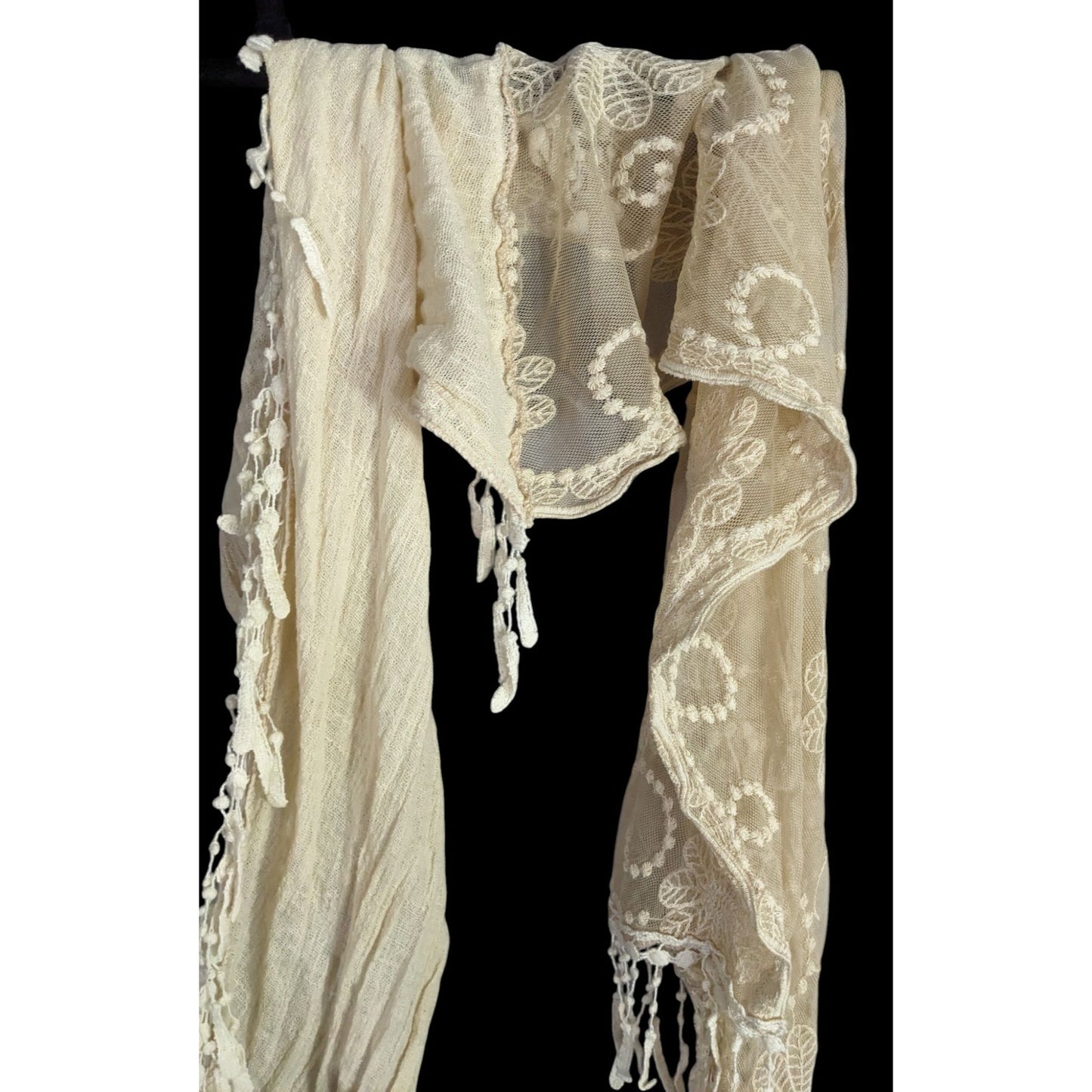 Vintage Victorian Style Crochet Lace Asymmetrical Scarf Wrap With Fringe Cream Beige