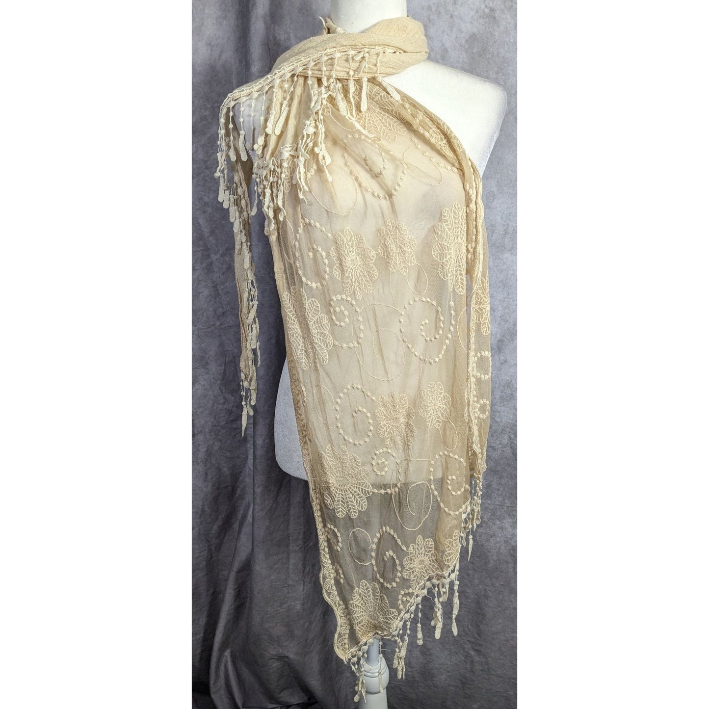 Vintage Victorian Style Crochet Lace Asymmetrical Scarf Wrap With Fringe Cream Beige