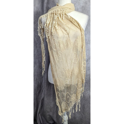 Vintage Victorian Style Crochet Lace Asymmetrical Scarf Wrap With Fringe Cream Beige