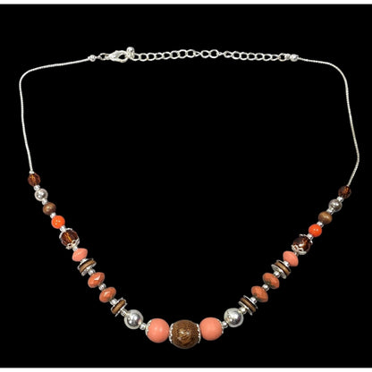 Orange Brown And Silver Tone Wood And Clay Beaded Necklace