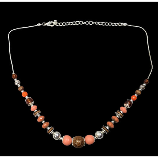 Orange Brown And Silver Tone Wood And Clay Beaded Necklace