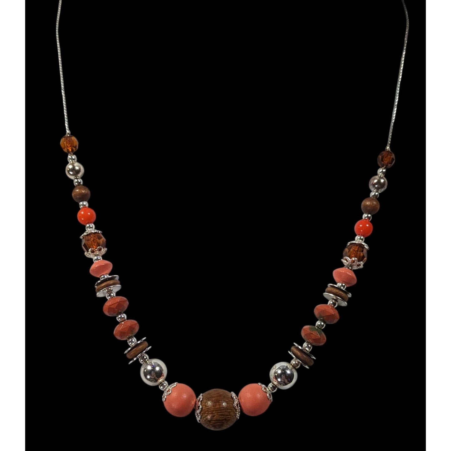 Orange Brown And Silver Tone Wood And Clay Beaded Necklace