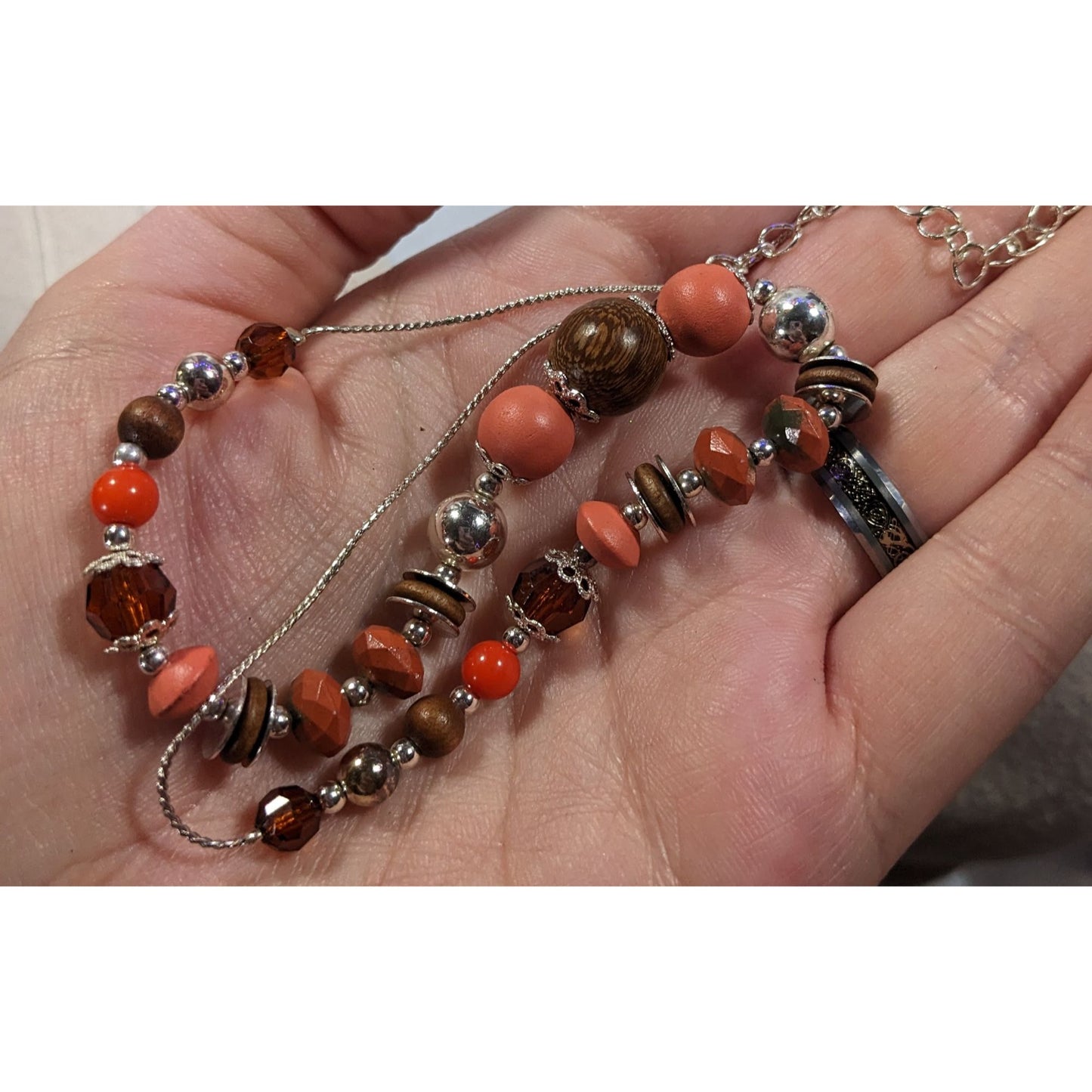 Orange Brown And Silver Tone Wood And Clay Beaded Necklace