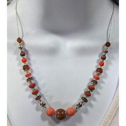 Orange Brown And Silver Tone Wood And Clay Beaded Necklace