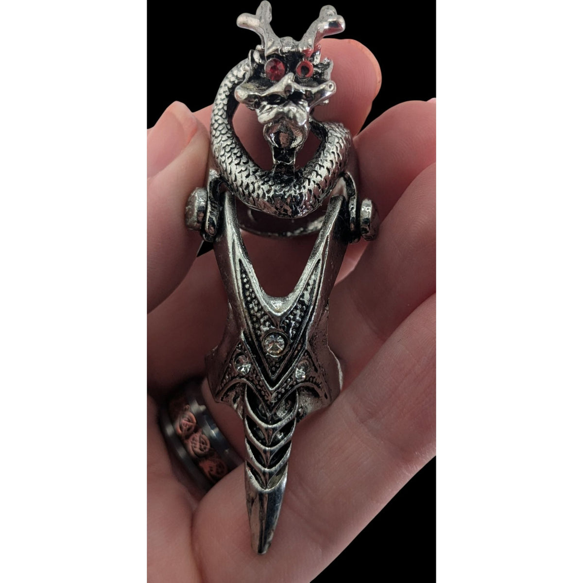 Gothic Y2K Dragon Armor Articulated Statement Ring Rhinestone Silver Tone