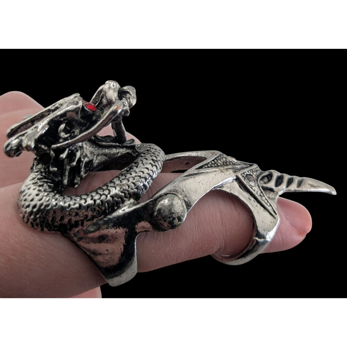 Gothic Y2K Dragon Armor Articulated Statement Ring Rhinestone Silver Tone