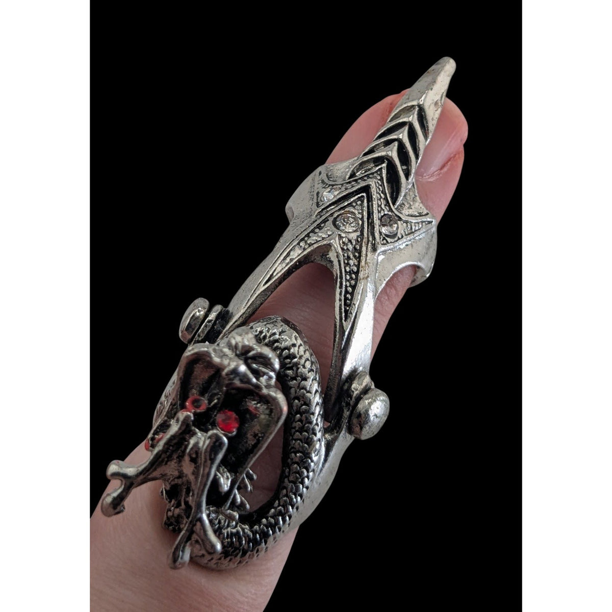 Gothic Y2K Dragon Armor Articulated Statement Ring Rhinestone Silver Tone