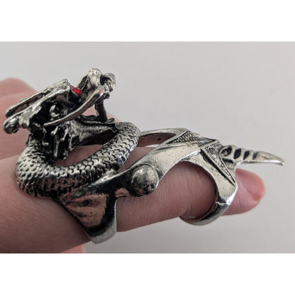 Gothic Y2K Dragon Armor Articulated Statement Ring Rhinestone Silver Tone