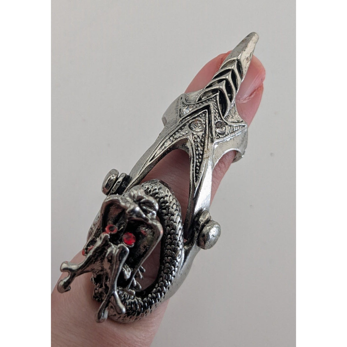 Gothic Y2K Dragon Armor Articulated Statement Ring Rhinestone Silver Tone