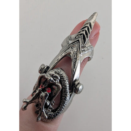 Gothic Y2K Dragon Armor Articulated Statement Ring Rhinestone Silver Tone