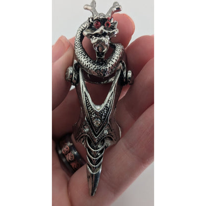 Gothic Y2K Dragon Armor Articulated Statement Ring Rhinestone Silver Tone