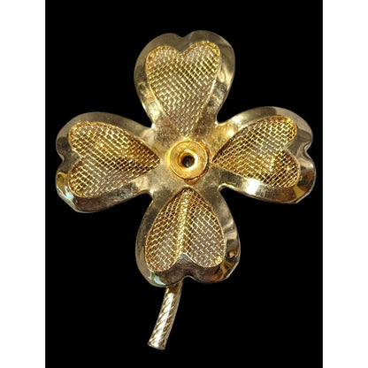 Vintage Gold Tone Mesh Four Leaf Clover Brooch