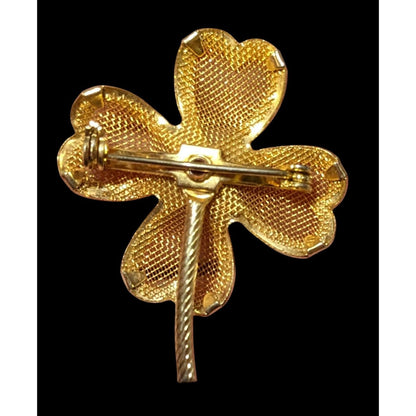 Vintage Gold Tone Mesh Four Leaf Clover Brooch