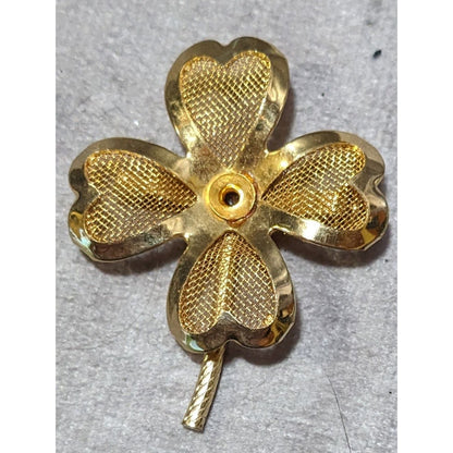 Vintage Gold Tone Mesh Four Leaf Clover Brooch