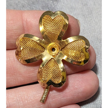 Vintage Gold Tone Mesh Four Leaf Clover Brooch