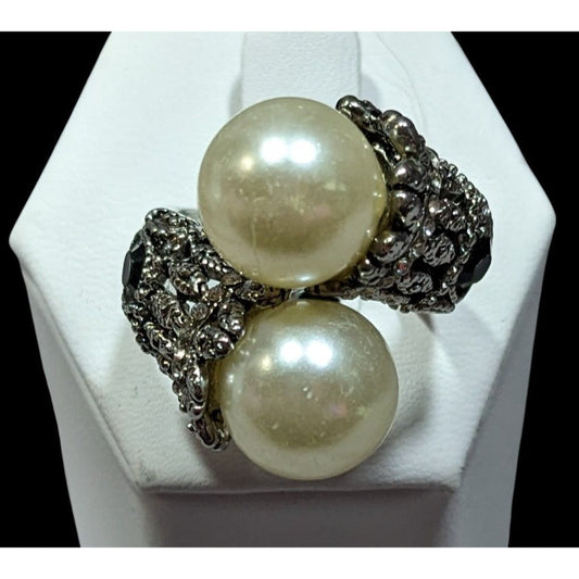 Vintage Glam Faux Pearl Cocktail Ring With Black Rhinestone Accents