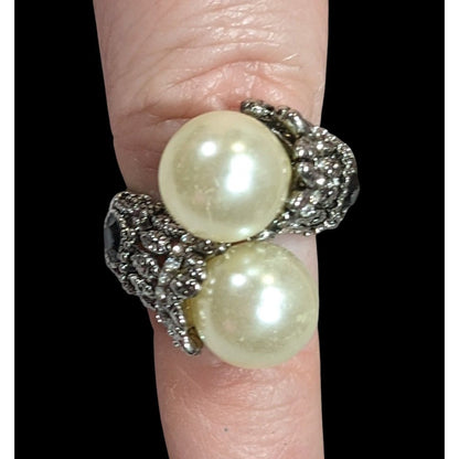 Vintage Glam Faux Pearl Cocktail Ring With Black Rhinestone Accents