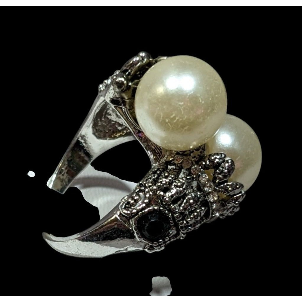 Vintage Glam Faux Pearl Cocktail Ring With Black Rhinestone Accents