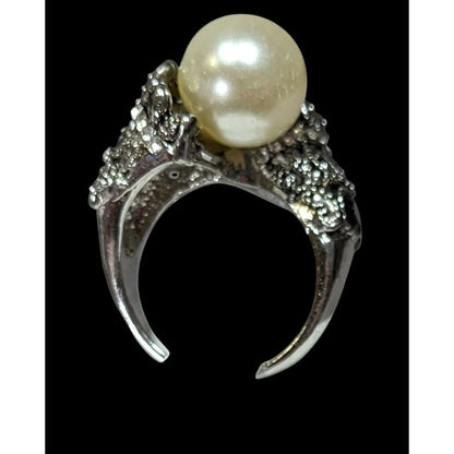 Vintage Glam Faux Pearl Cocktail Ring With Black Rhinestone Accents