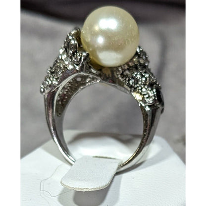 Vintage Glam Faux Pearl Cocktail Ring With Black Rhinestone Accents