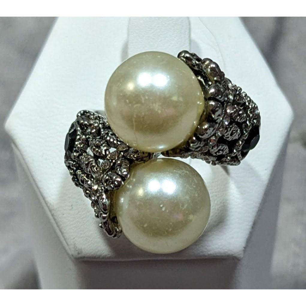 Vintage Glam Faux Pearl Cocktail Ring With Black Rhinestone Accents