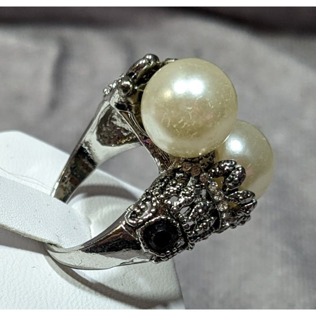 Vintage Glam Faux Pearl Cocktail Ring With Black Rhinestone Accents