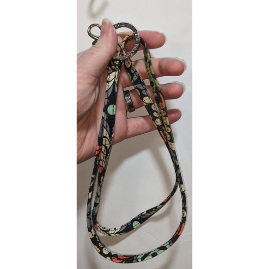 Vera Bradley Black Floral Fabric Lanyard With Metal Ring & Clip