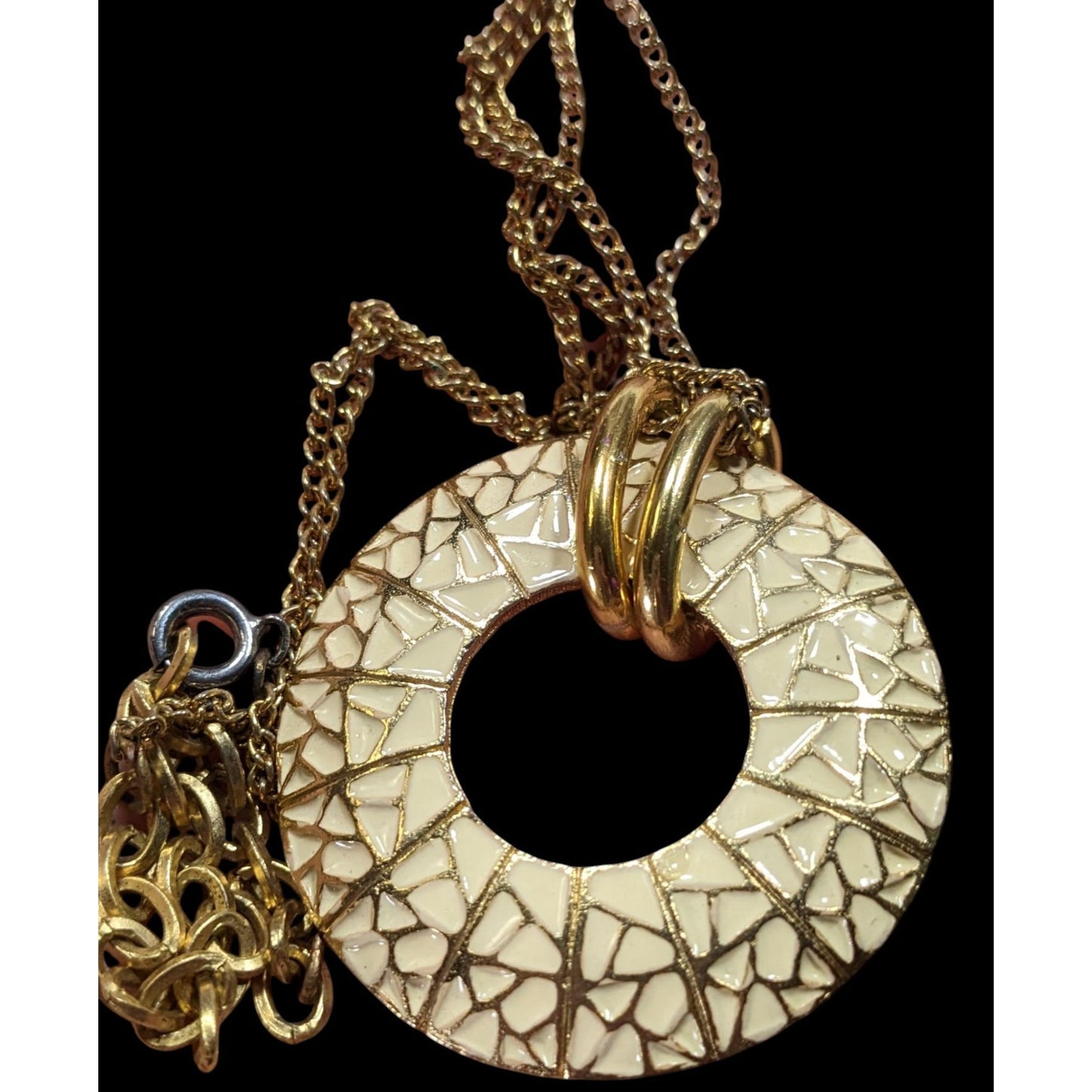 Geometric Cream And Gold Tone Open Disc Pendant Necklace